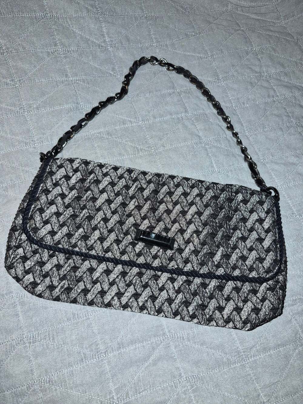 Talbots Black And Gray Woven Tweed Shoulder Handbag Purse